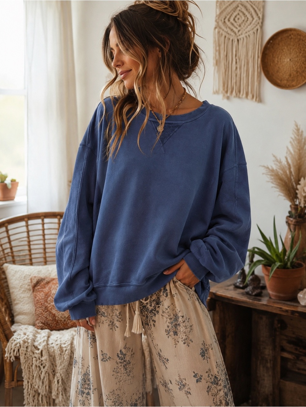 Free People Oversized Blue Pullover Sweatshirt